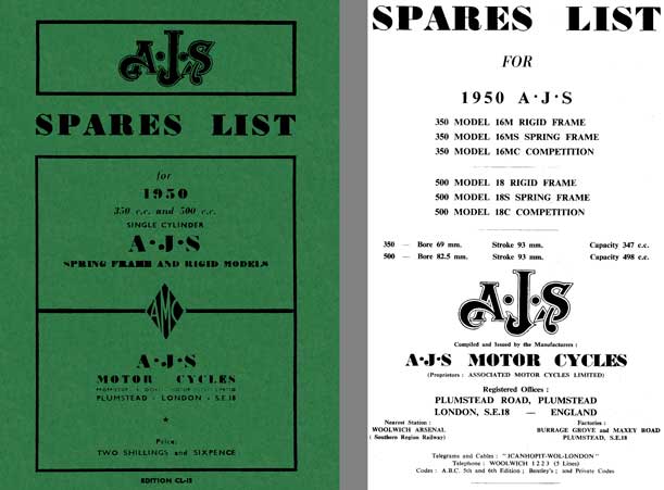 AJS 1950 Spring Frame and Rigid Models - AJS Spares List for 1950 350cc and 500cc Single Cylinder