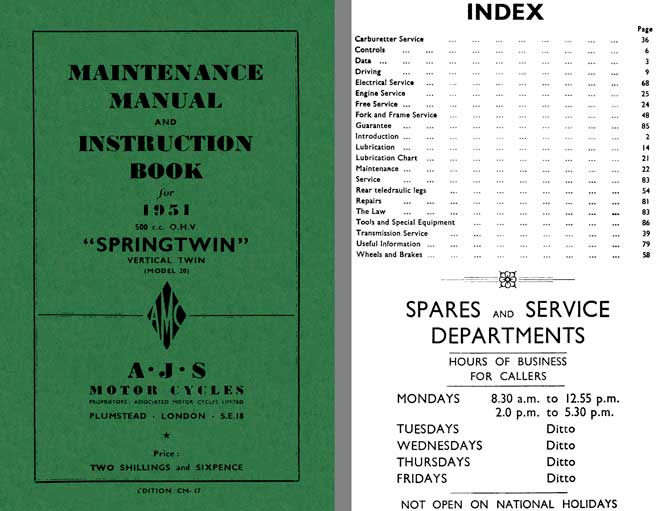 AJS Springtwin Model 20 1951 - Maintenance Manual and Instruction Book for 1951 500cc Vertical Twin