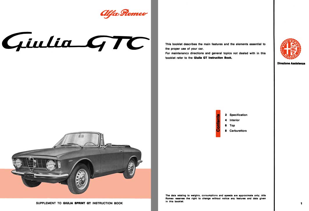 Alfa Romeo 1965 - 1965 Giulia GTC Supplement to Giulia Sprint GT Instruction Book
