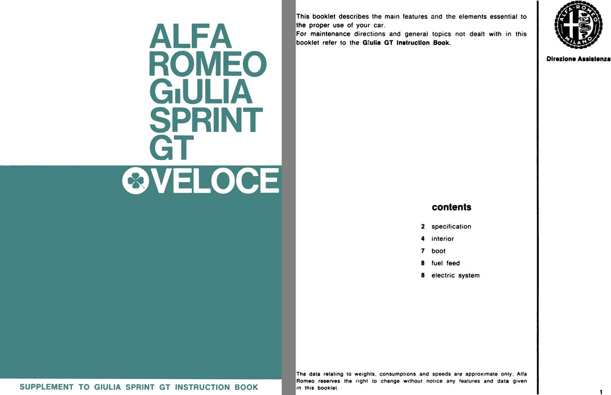 Alfa Romeo 1966 - Alfa Romeo Giulia Sprint GT Veloce Supplement to Giulia Sprint GT Instruction Book