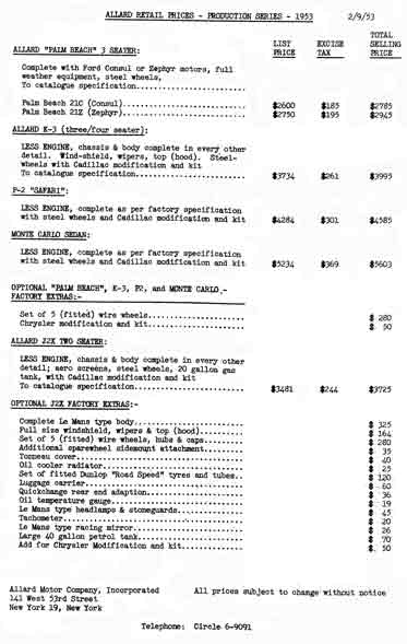 Allard 1953 - Retail Price List - Production Series (2/9/53)