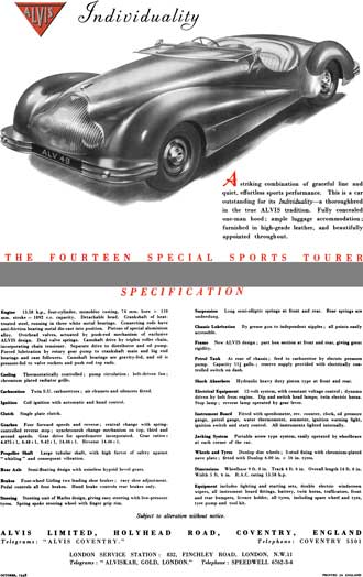 Alvis 1948 - Alvis Individually - The Fourteen Special Sports Tourer - Spec Sheet