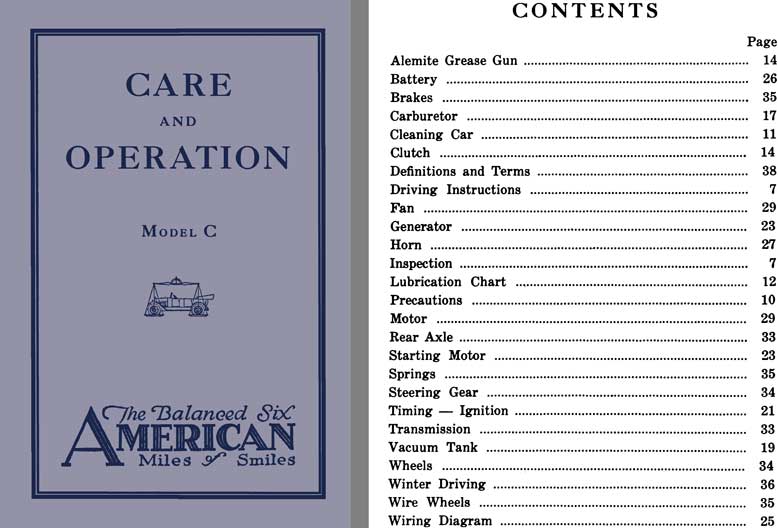 American 1921 - Care and Operation Model C - The Balanced Six American - Miles of Smiles