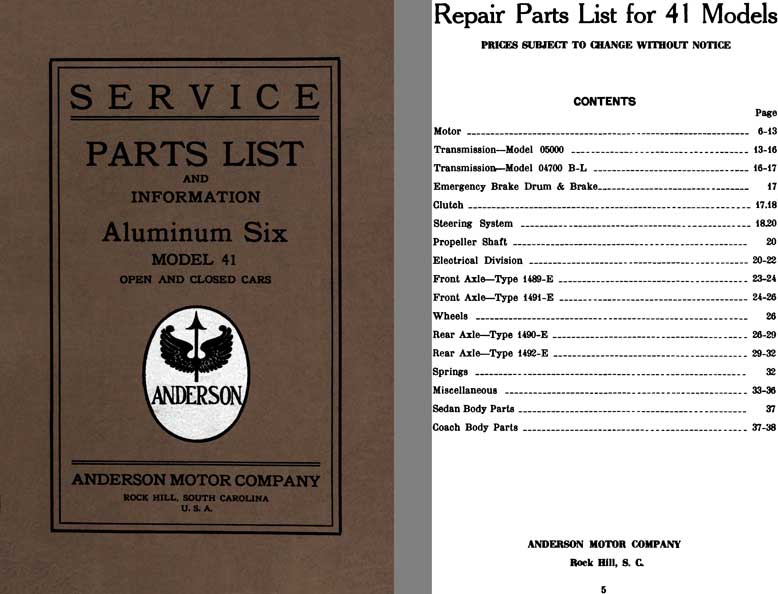 Anderson 1924 - 1924 Anderson Aluminum Six Model 41 Service Parts List