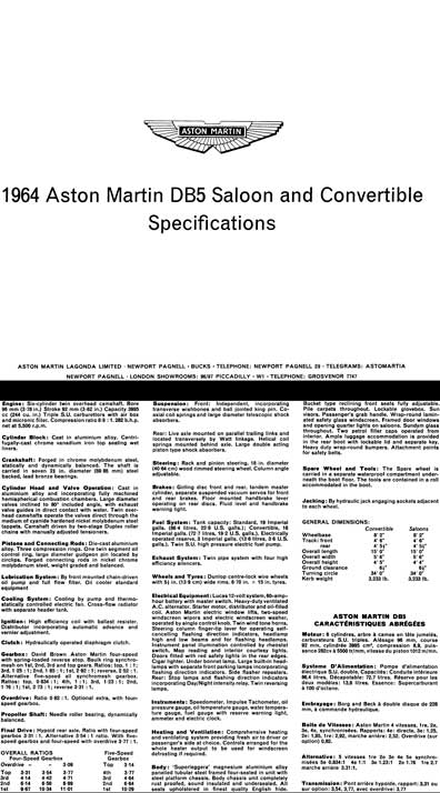 Aston Martin 1964 - 1964 Aston Martin DB5 Saloon and Convertible Specifications