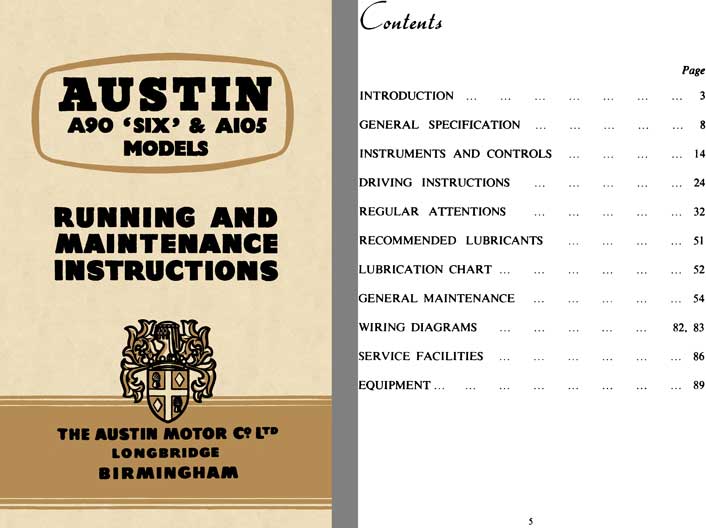Austin 1956 - Austin A90 Six & A105 Models - Running and Maintenance Instructions