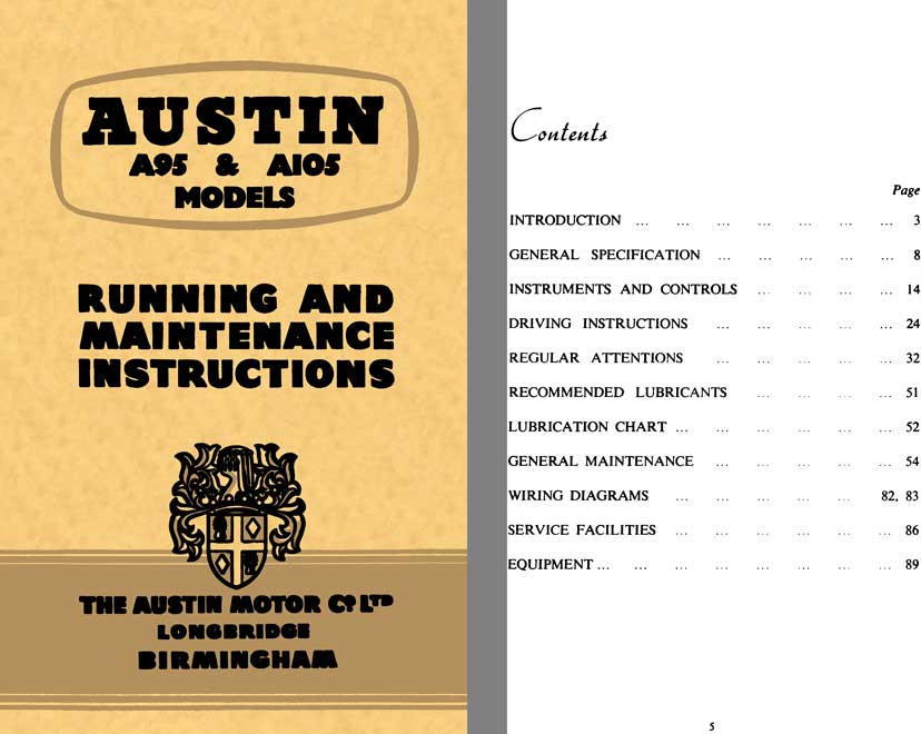 Austin 1957 - Austin A95 & A105 Models - Running and Maintenance Instructions - 2nd Edtion