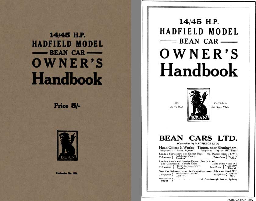 Bean Car c1922 - 14/45 HP Hadfield Model Bean Car Owners Handbook No.132A