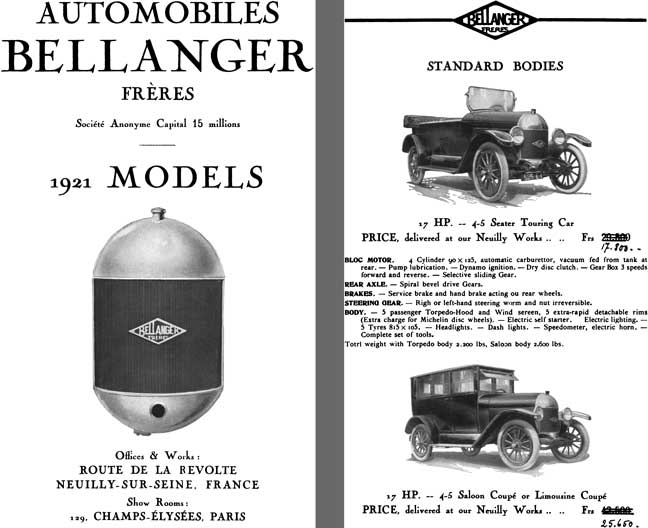 Bellanger 1921 - Automobiles Bellanger Freres 1921 Models