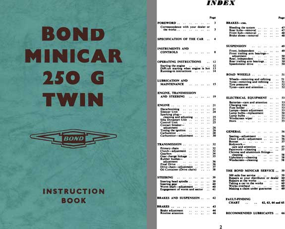 Bond 1963 - Bond Minicar 250 G Twin Instruction Book (Ranger & Estate Models)