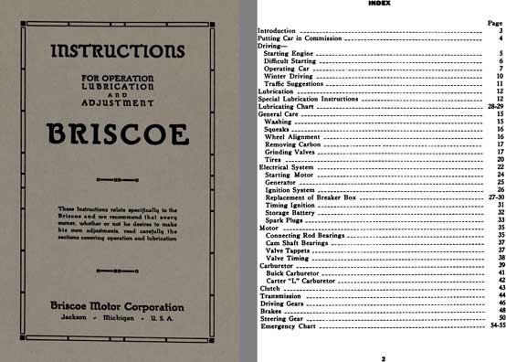 Briscoe 1920 - 1920 Briscoe Instructions for Operation Lubrication and Adjustment Manual