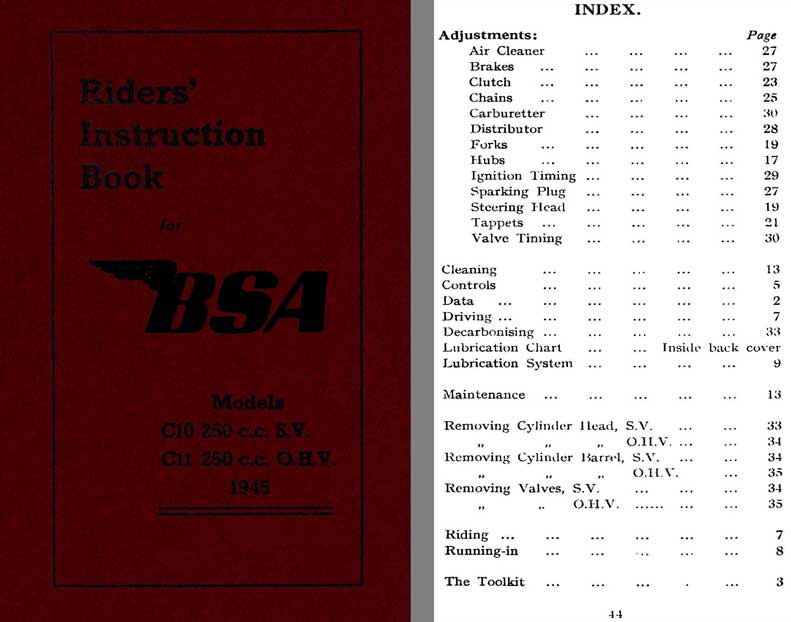 BSA 1945 - Riders Instruction Book - BSA Model C10 250cc S.V. - BSA Model C11 250cc O.H.V.