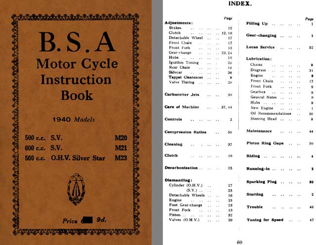 BSA Motor Cycle Instruction Book 1940 Models - 500cc SV M20, 500cc SV M21, 500cc OHV M23