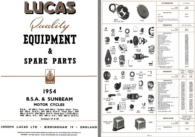 BSA & Sunbeam Motorcycles 1954 - Lucas Quality Equipment & Spare Parts