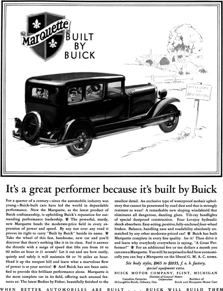 Buick 1929 - Buick Ad - Marquette Built by Buick - It's a great performer because its built by Buick