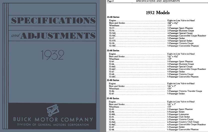 Buick 1932 - Specifications and Adjustments 1932 Models