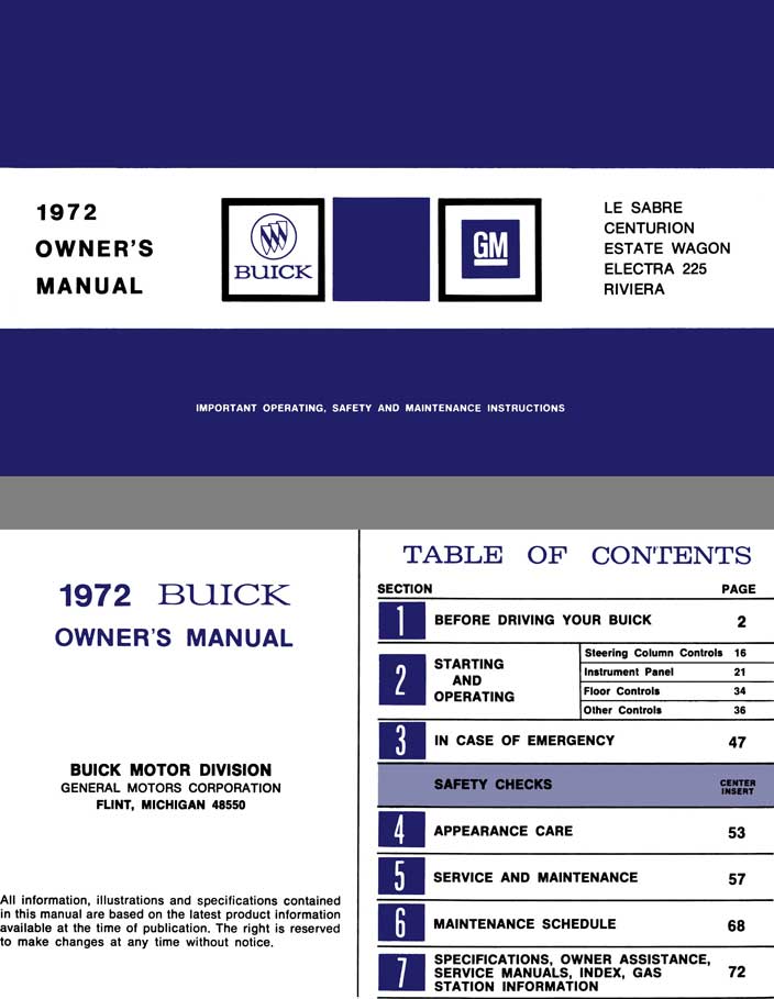 Buick 1972 - 1972 Buick Owner's Manual - Le Sabre, Centurion, Estate Wagon, Electra 225, Riviera