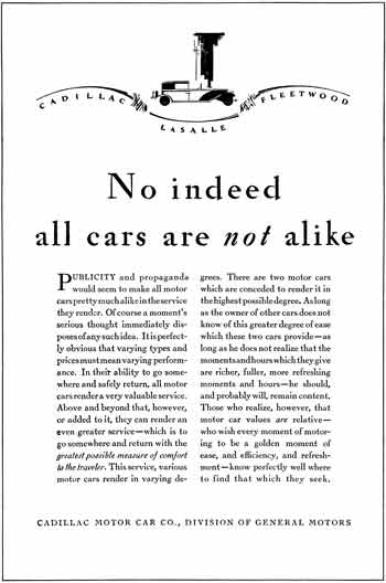 Cadillac 1929 -Cadillac Ad - Cadillac  LaSalle  Fleetwood - No indeed all cars are not alike
