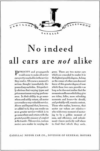 Cadillac 1929 -Cadillac Ad - Cadillac  LaSalle  Fleetwood - No indeed all cars are not alike