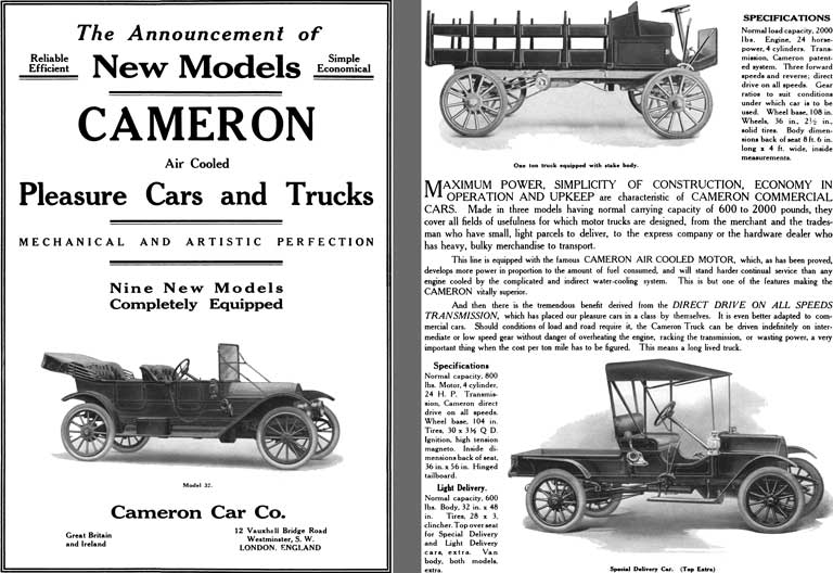 Cameron 1913 - The Announcement of New Models Cameron Air Cooled Pleasure Cars and Trucks