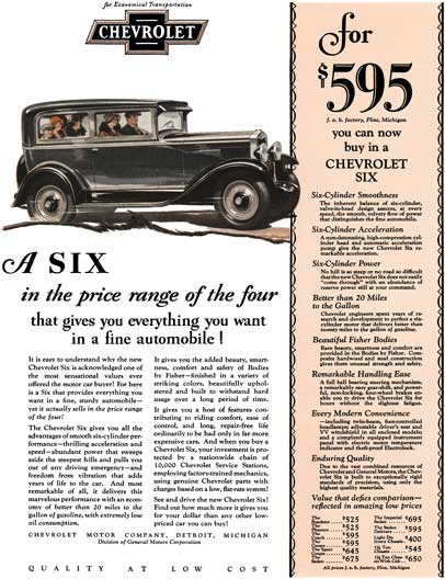 Chevrolet 1929 - Chevrolet Ad - A Six in the price range of the four that gives you everything you