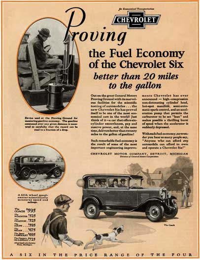 Chevrolet 1929 - Chevrolet Ad - Proving the Fuel Economy of the Chevrolet Six better than 20 miles