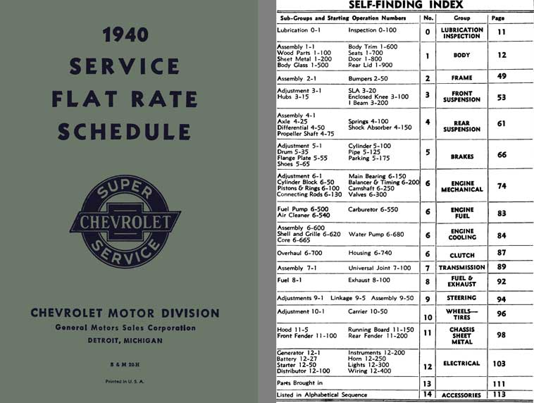 Chevrolet 1940 - 1940 Service Flat Rate Schedule Super Chevrolet Service