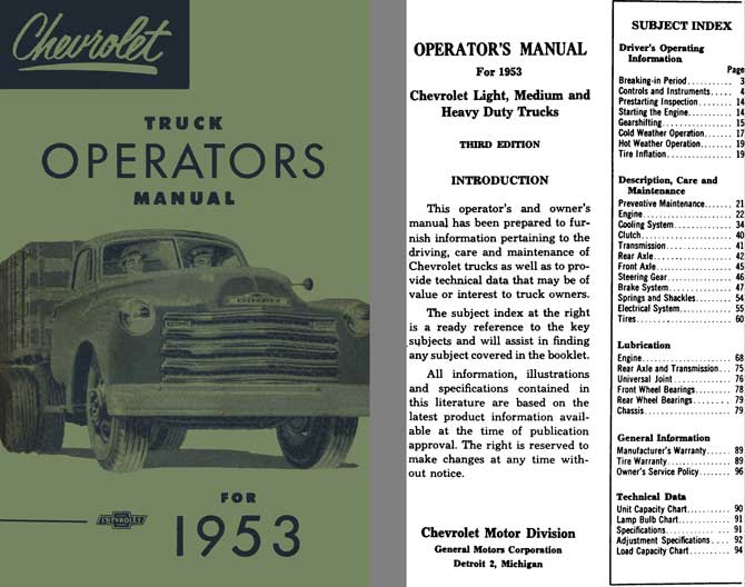 Chevrolet 1953 - Chevrolet Truck Operator's Manual for 1953 - Light, Medium & Heavy Duty Trucks