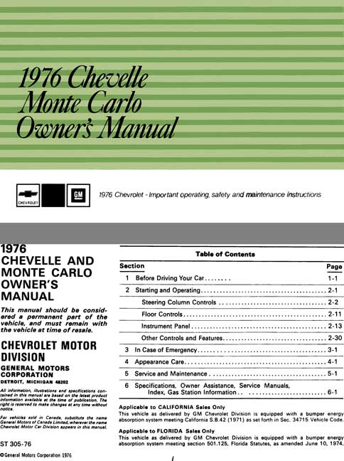 Chevrolet 1976 Chevelle, Monte Carlo Owner's Manual