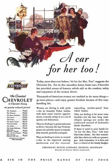 Chevrolet c1931 - Chevrolet Ad - A car for her too! A Six in the Price Range of the Four
