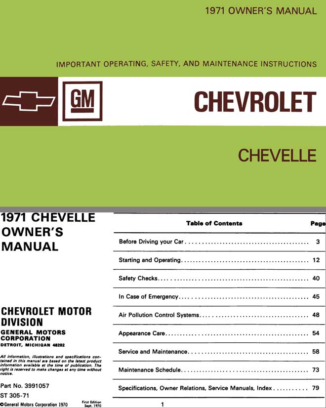 Chevrolet Chevelle 1971 Owner's Manual - 1971 Owner's Manual Chevrolet Chevelle