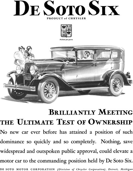 Chrysler 1928 - De Soto Ad - De Soto Six - Brilliantly Meeting the Ultimate Test of Ownership