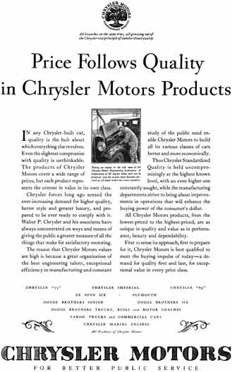 Chrysler 1929 - Chrysler Ad - Price Follows Quality in Chrysler Motors Products