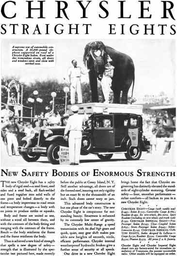 Chrysler 1931 - Chrysler Ad - Chrysler Straight Eights - New Safety Bodies of Enormous Strength