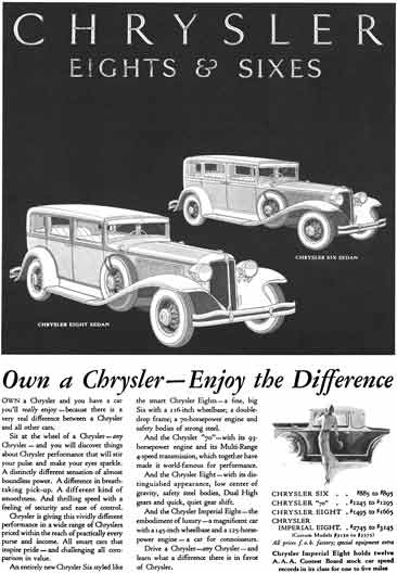 Chrysler 1931 - Chrysler Eights & Sixes Ad - Own a Chrysler - Enjoy the Difference