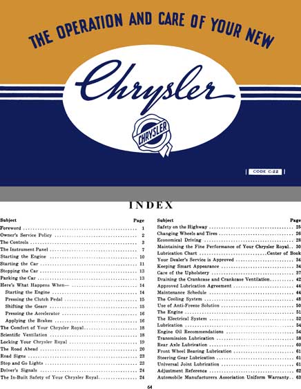 Chrysler 1939 - Chrysler Royal - The Operation and Care of Your New Chrysler Owners Manual Code C-22