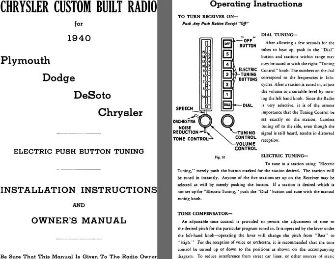 Chrysler 1940 - Chrysler Custom Radio for 1940 - Installation Instructions and Owners Manual