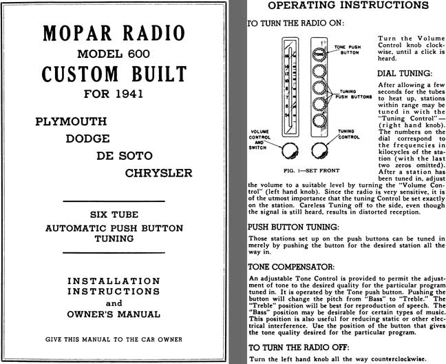 Chrysler 1941 - Mopar Radio Model 600 Custom Built for 1941 Plymouth, Dodge, DeSoto, Chrysler