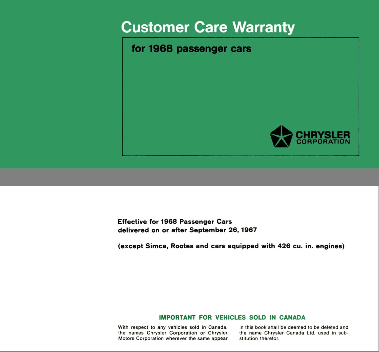 Chrysler 1968 - Customer Care Warranty for 1968 Passenger Cars