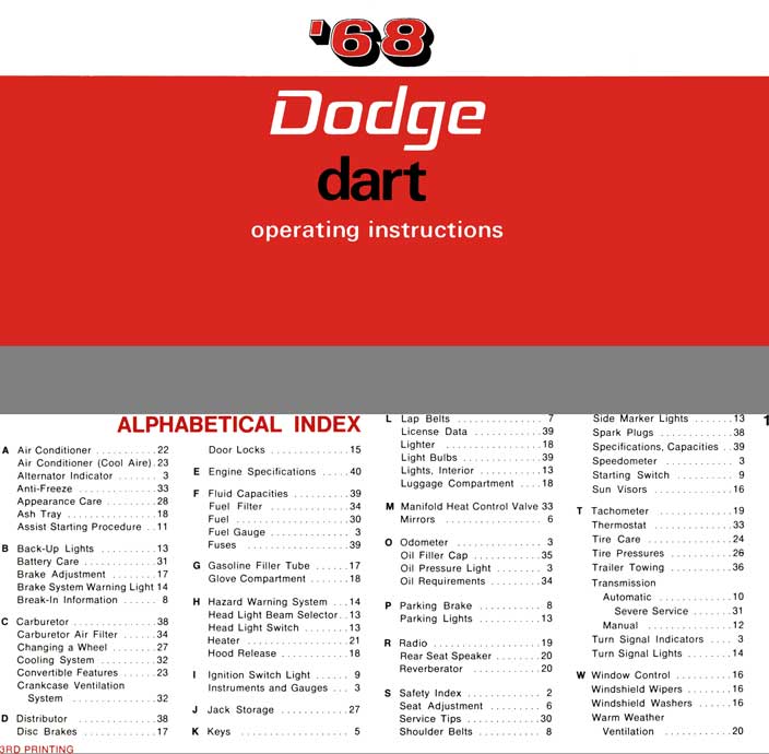 Dodge Dart Chrysler 1968 - '68 Dodge Dart Operating Instructions