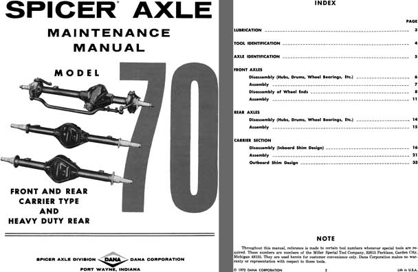 Dana Spicer Axle 1972 - Spicer Axle Model 70 Independent Front & Rear Carrier Type Maint. Manual