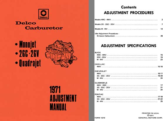 Delco Carburetor 1971 - Delco 1971 Adjustment Manual (Monojet, 2GC - 2GV, Quadrajet)