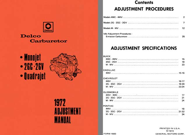 Delco Carburetor 1972 - Delco 1972 Adjustment Manual (Monojet, 2GC - 2GV, Quadrajet)