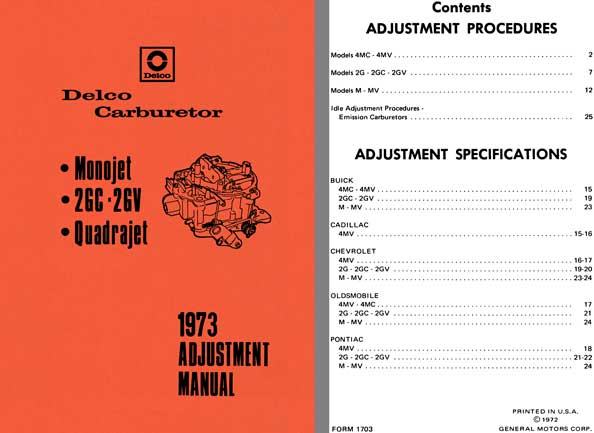 Delco Carburetor 1973 - Delco 1973 Adjustment Manual (Monojet, 2GC - 2GV, Quadrajet)