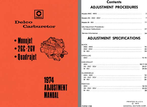 Delco Carburetor 1974 - Delco 1974 Adjustment Manual (Monojet, 2GC - 2GV, Quadrajet)