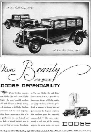 Dodge 1931 - Dodge Ad - New Beauty now graces Dodge Dependability - New Eight Coupe & Six Sedan
