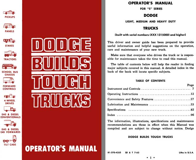 Dodge S-Series Trucks 1963 - Dodge Builds Tough Trucks Operator's Manual 1963