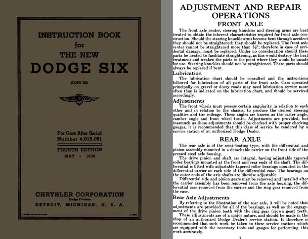 Chrysler Dodge Six 1936 - Instruction Book for The New Dodge Six