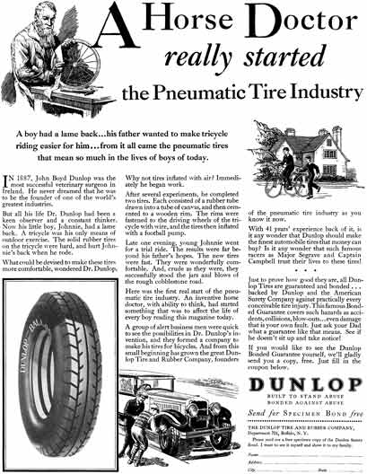 Dunlop Tire 1929 - Dunlop Tire Ad - A Horse Doctor really started the Pneumatic  Tire Industry
