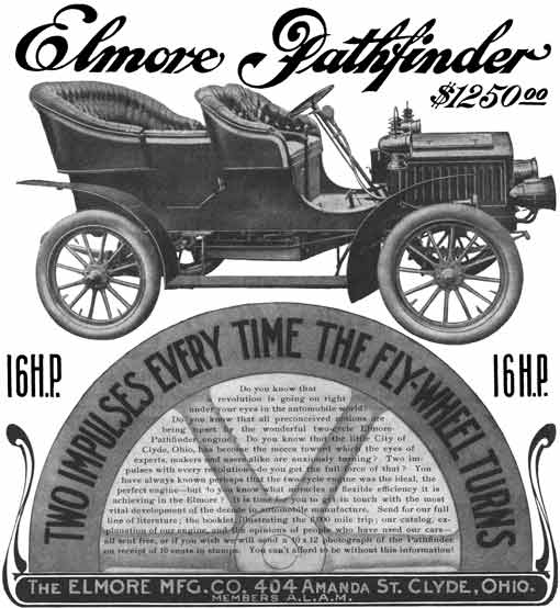 Elmore c1915 - Elmore Ad - Elmore Pathfinder 16HP - Two Impulses Every Time The Fly Wheel Turns